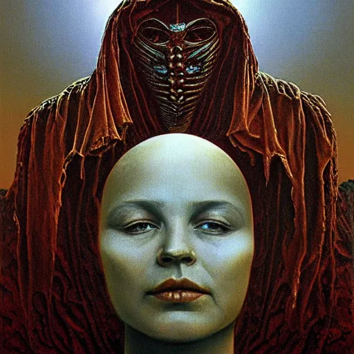 Image similar to The queen of the planet Venus by Zdzislaw Beksinski, Jeffrey Smith and H.R. Giger, oil on canvas, 8k highly professionally detailed, trending on artstation