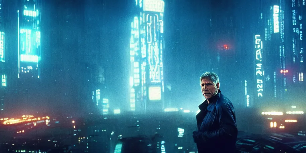 Image similar to 2 0 1 8 blade runner movie still harrison ford looking at the cityscape from roof matrix perfect face fine realistic face pretty face neon jacket blue futuristic sci - fi elegant by alex proyas illustrated sand storm