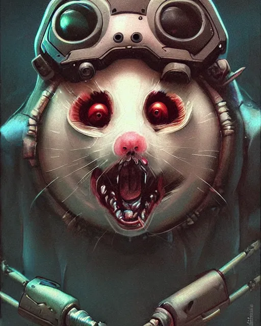 Image similar to wrecking ball the hamster from overwatch, with an evil and crazy look inn her eyes, character portrait, portrait, close up, concept art, intricate details, highly detailed, horror poster, horror, vintage horror art, realistic, terrifying, in the style of michael whelan, beksinski, and gustave dore