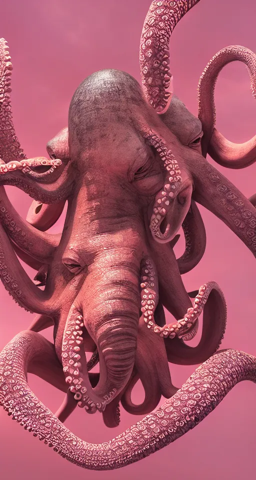 Image similar to A octopus centered-photograph of a pink elephant, film still, dynamic action pose, National Geographic, insane detail, intricate, highly detailed, Zeiss Lens, DSLR photography, smooth, sharp focus, Unreal Engine 5, Octane Render, Redshift, 8K