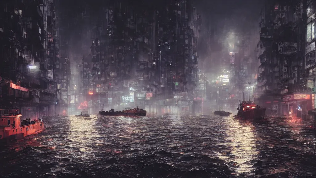 Image similar to dramatic Photorealistic, Matte Painting of a tug boat with bright head lights exploring a busy post apocalyptic deep flooded Hong Kong city street at night,dark Tall buildings by Greg Rutkowski,Craig Mullins,Hyperrealism,Beautiful dramatic moody lighting,Cinematic Atmosphere,Octane Rendering,8K