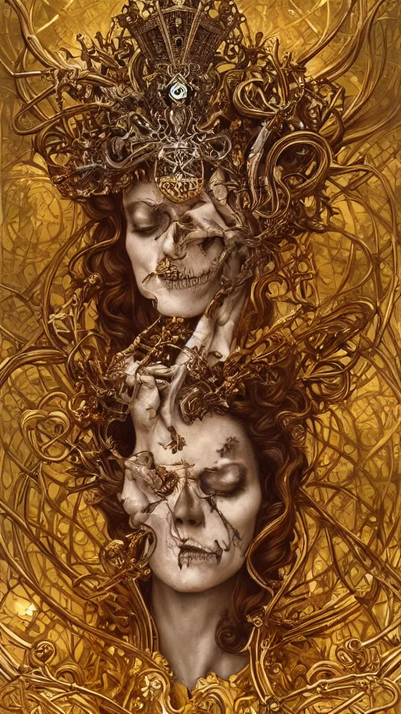 Prompt: breathtaking detailed soft close up painting a skeleton and a crown on its head an intricate metal throne, art nouveau crown of twisted gold, detailed art nouveau stained glass of flames, highly detailed, artstation, concept art, matte, sharp focus, art by tom bagshaw, peter mohrbacher, james jean, and greg rutkowski