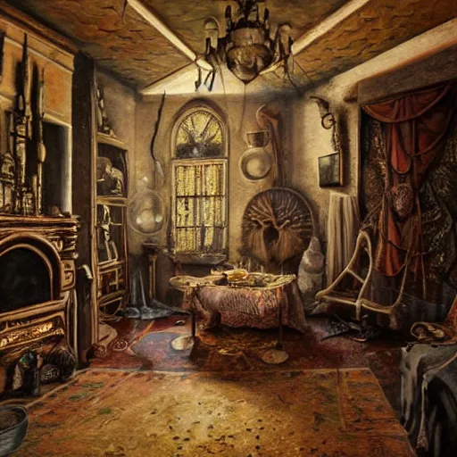 Prompt: detailed painting of a bohemian interior room with celestial ephemeral ornaments and hr giger architecture, artstation, greg crewdson, cinematic