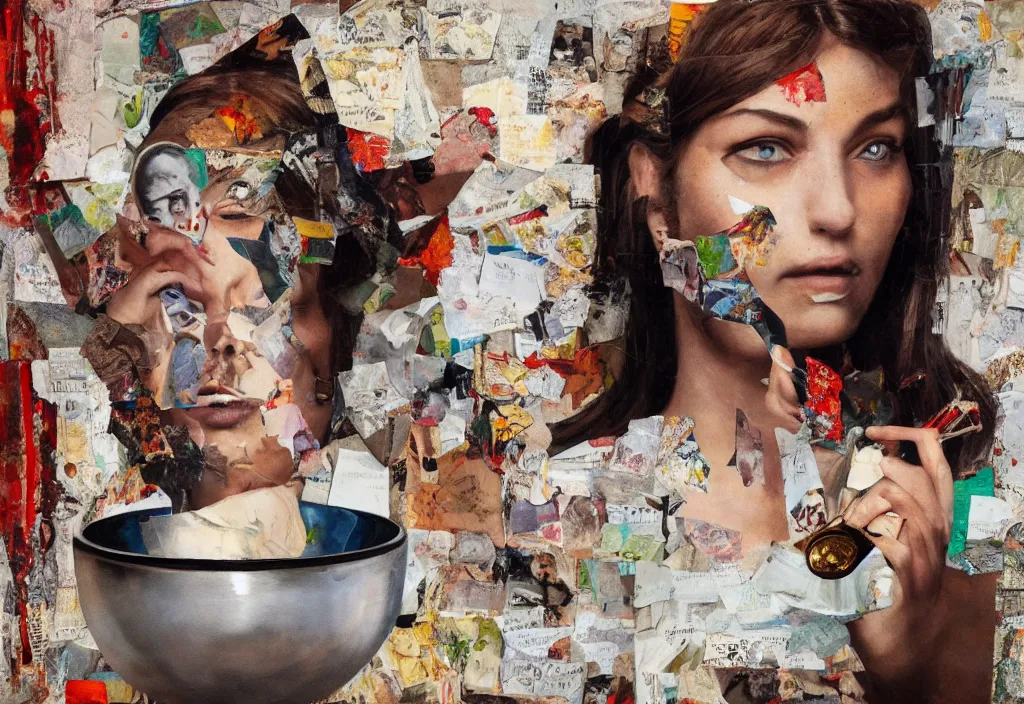 Image similar to oil painting, with an ashtray on top, collage, paper, girl faces, ultra detailed, high resolution, cinematic, unreal 6