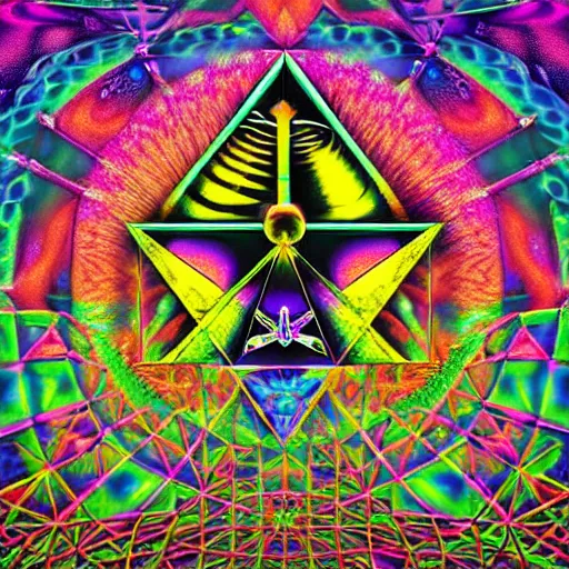 Image similar to Psychedelic Inter-dimensional freemasonic occultic chequered trippy dreamscape in the style of a photo-realistic album cover ( Digital art unreal engine, 3d highly detailed, 8k, UHD, fantasy, dream, otherworldly, bizzare, spirals, colourful, vivid)
