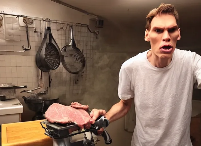 Prompt: jerma with a shocked expression towards the camera while he’s using a meat grinder in a dark basement
