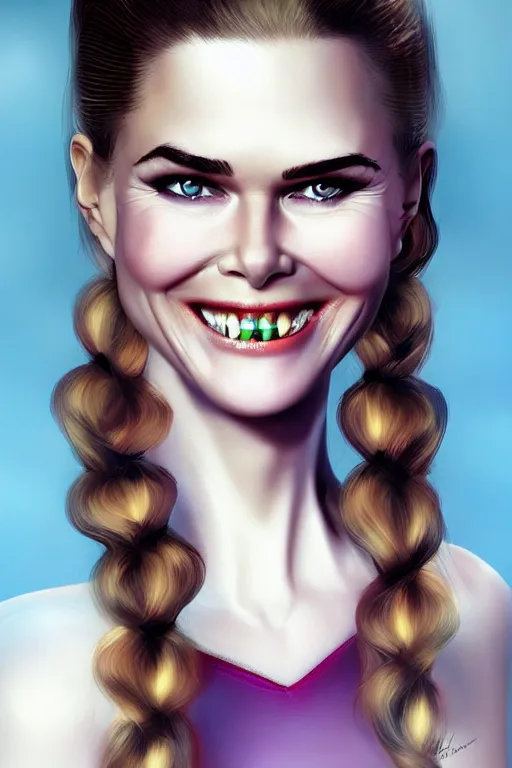 Image similar to mix of beautiful young maria shriver, mariel hemmingway, brooke shields, nicole kidman and elle macpherson as a vampire showing vampire teeth, ready to bite, thin lips, hair tied up in a pony tail, dark blonde hair, colorful, deviantart, artstation, cgsociety