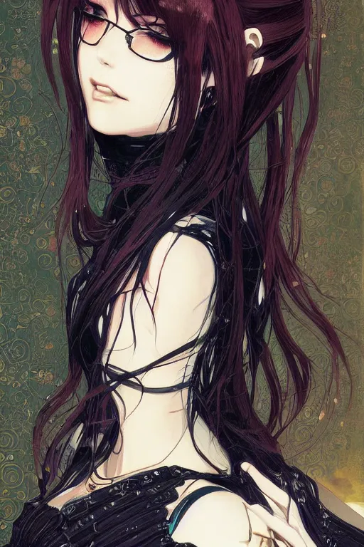 Prompt: portrait of beautiful young gothic anime maiden, cute-fine-face, pretty face, realistic shaded Perfect face, fine details. Anime, cyberpunk, Warhammer, highly detailed, artstation, illustration, art by Ilya Kuvshinov and ((Gustav Klimt))