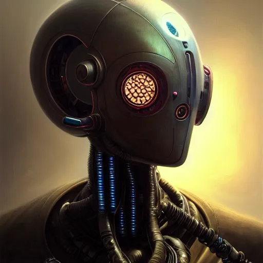 Image similar to low angle portrait shot of a cyberpunk gazmask robot character, intricate, elegant, highly detailed, centered, digital painting, artstation, concept art, smooth, sharp focus, illustration, artgerm, Tomasz Alen Kopera, Peter Mohrbacher, donato giancola, Joseph Christian Leyendecker, WLOP, Boris Vallejo