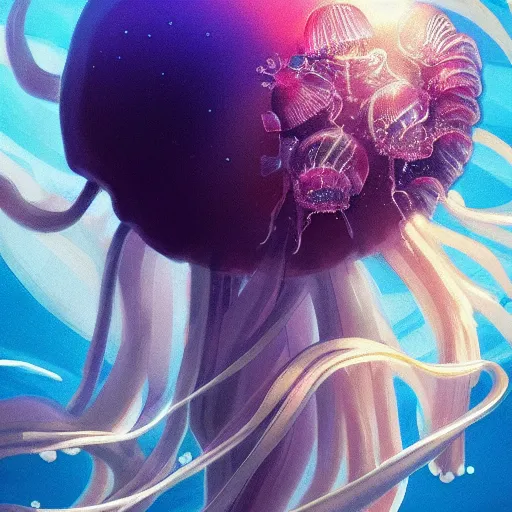 Prompt: ilya kuvshinov and katsuhiro otomo style jellyfish in a bright ocean, deep focus, fantasy, intricate, elegant, highly detailed, digital painting, artstation, concept art, matte, sharp focus, illustration