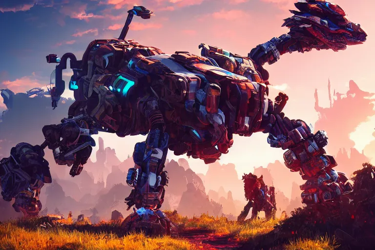 Image similar to scrapper machine mecanical creature robot of horizon forbidden west horizon zero dawn radiating a glowing aura global illumination ray tracing hdr fanart arstation by ian pesty and alena aenami artworks in 4 k