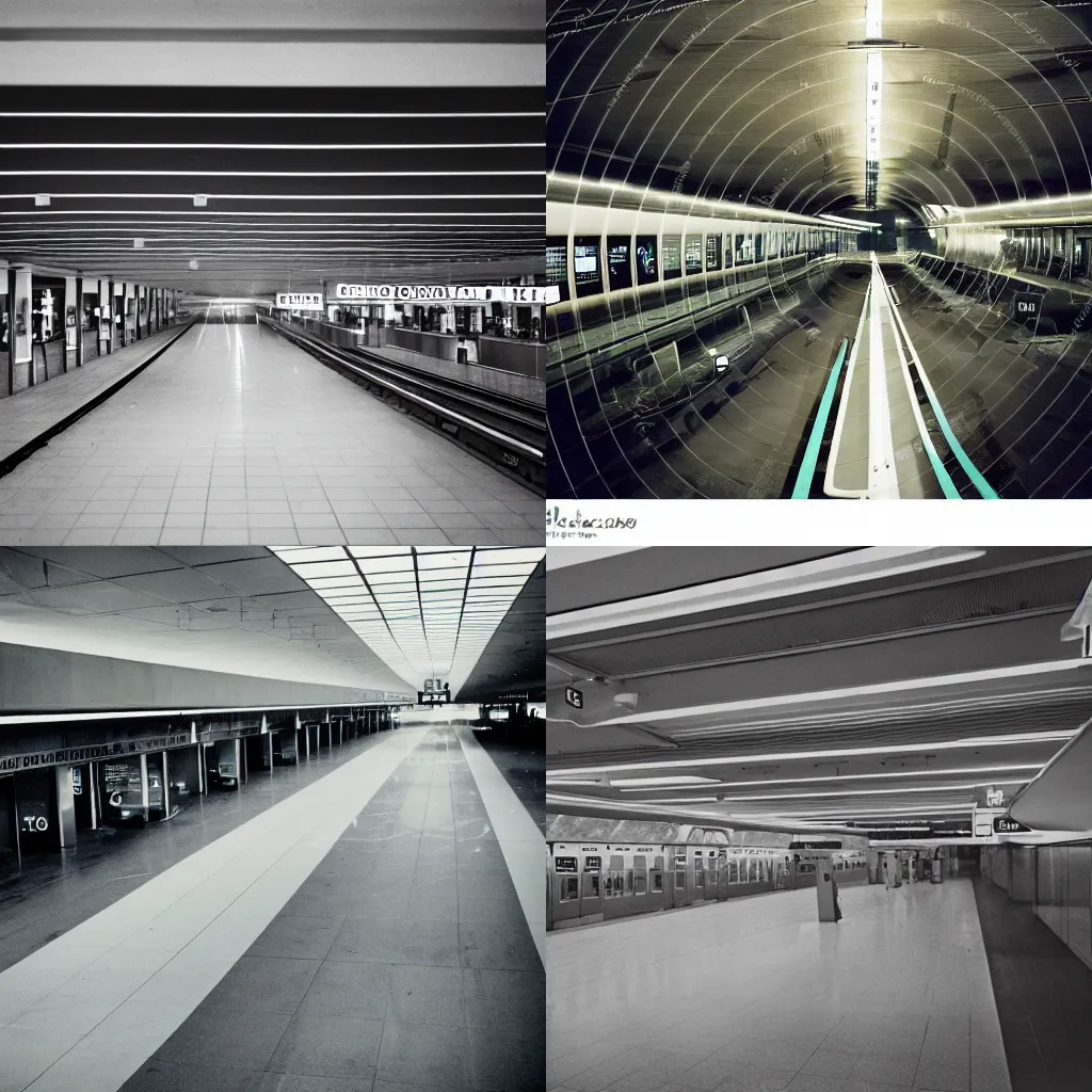 Prompt: a long exposure photo of an airport, hotel, subway, Helvetica, natural and muted colors - especially greens, beiges, tans, greys, and black. Airports, subways, helvetica. early 70s retro-futurism, mix of sterile and organic. depictions of city life, first wave gentrification. The rise of a minimalist design revival.
