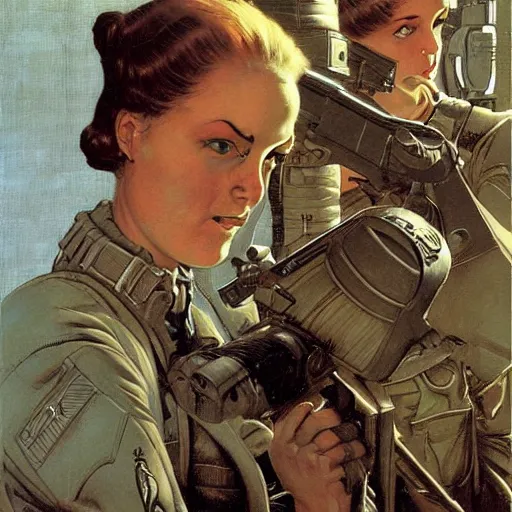 Prompt: female Scifi soldier gets ready, by Gerald Brom and Norman Rockwell