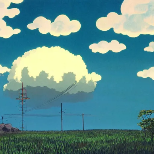 Prompt: atomic nucleus surrounded by clouds, energetic hope, studio ghibli