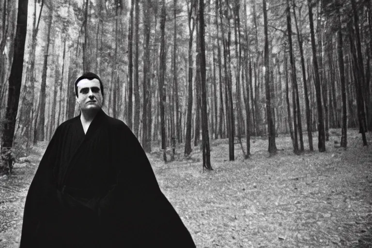 Prompt: vintage kodak film photography from 7 0 s with pro mist filter, close - up man in black robe portrait, forest, in style of joel meyerowitz