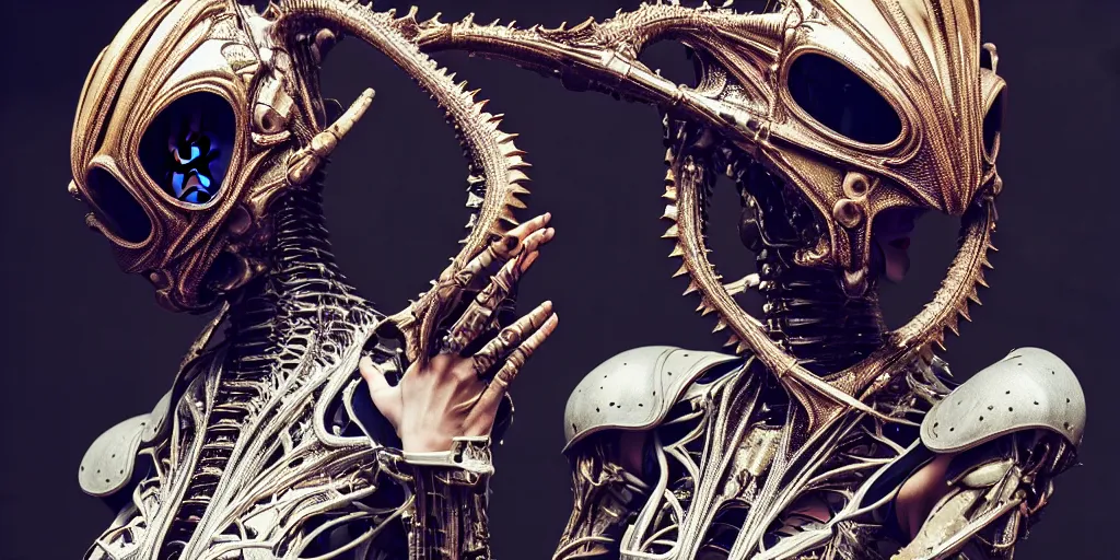 Prompt: space station, fashion show photo, iris van herpen baroque dress, helmet on face, beautiful woman, perfect body, full body shot, masterpiece, guyver, giger, biomechanical details, denis villeneuve, legendary dragon, cinestill, bokeh, artstation