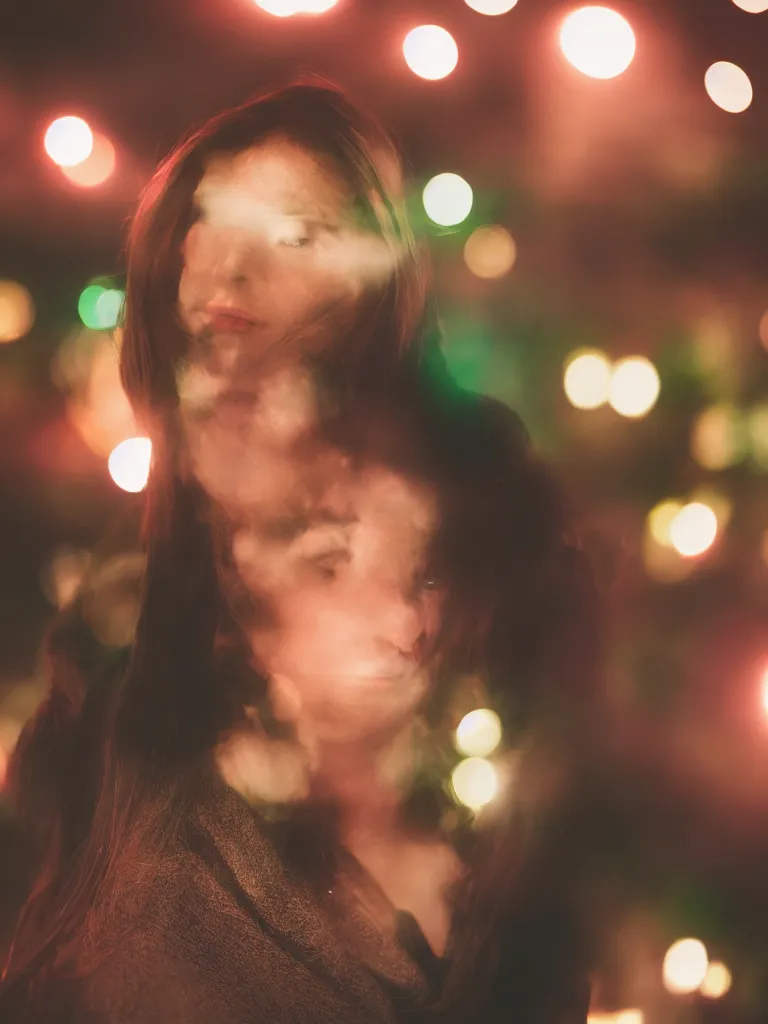 Image similar to photograph of a beautiful woman illuminated by red and green light , night , 85 mm f1.4