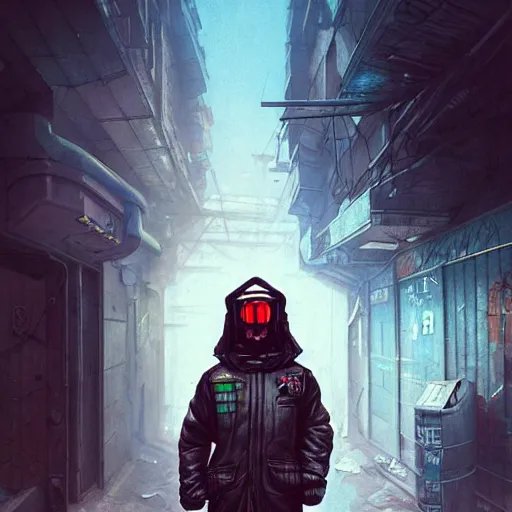 Image similar to A portrait of a cyberpunk thug on the street of a Soviet slum on the moon, Norilsk, sci-fi, fantasy, intricate, very very beautiful, elegant, highly detailed, digital painting, artstation, concept art, smooth, sharp focus, illustration, art by artgerm and greg rutkowski and alphonse mucha