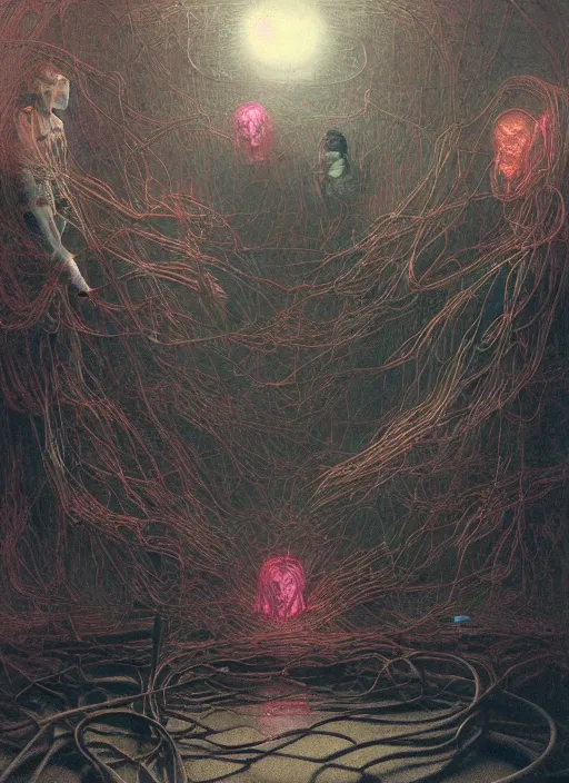 Prompt: HE AWAKENED, neon, they are watching, RGB, glowing wires everywhere, pristine, by Edgar Maxence and Ross Tran, Zdzisław Beksiński, and Michael Whelan, distant, gustav dore, H.R. Giger, 8k, octane render