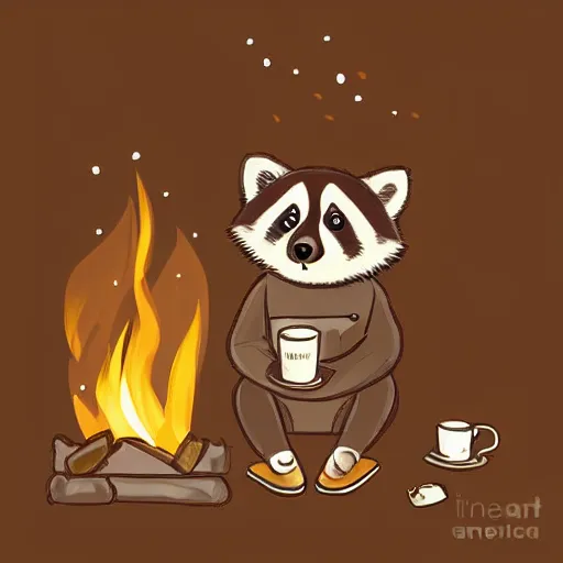 Image similar to little raccoon sitting by a cozy fireplace with a cup of tea. warm color temperature. digital art,