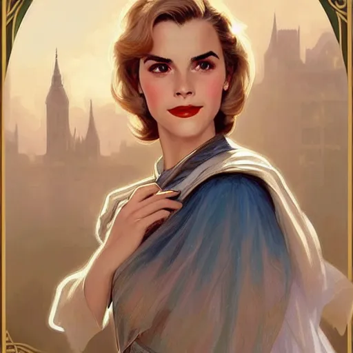 Image similar to A combination of Grace Kelly's and Emma Watson's and Victoria Justice's faces as Super Girl, western, D&D, fantasy, intricate, elegant, highly detailed, digital painting, artstation, concept art, matte, sharp focus, illustration, art by Artgerm and Greg Rutkowski and Alphonse Mucha