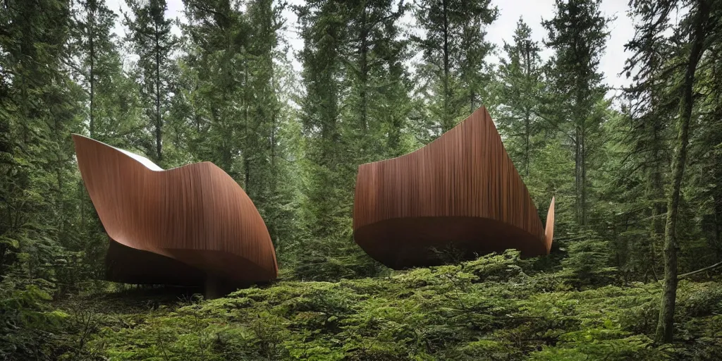 Image similar to wooden cabin designed by zaha hadid in an ominous forest, architectural photography