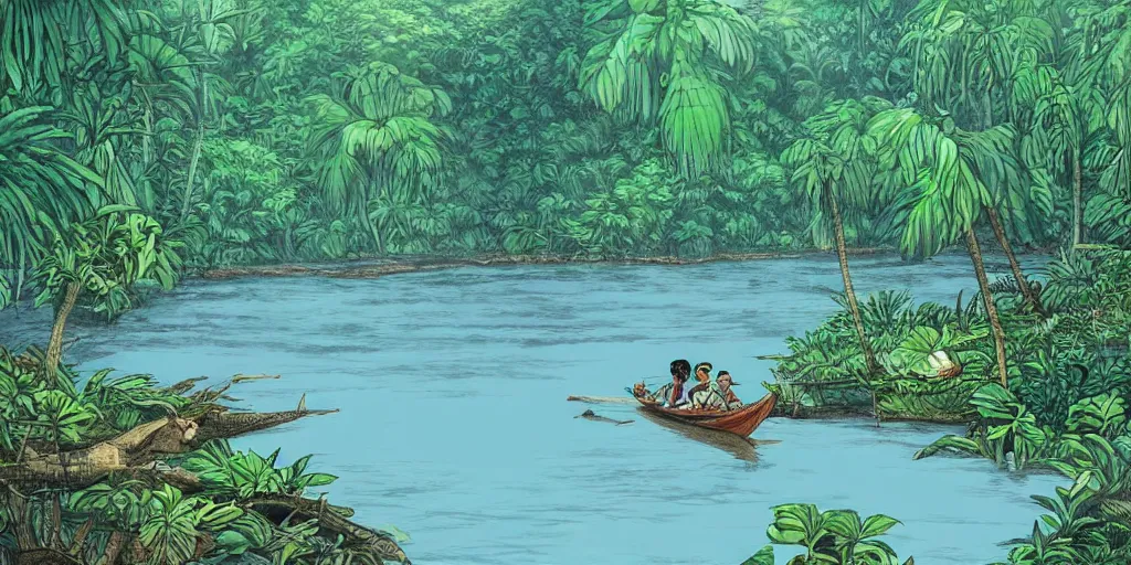 Prompt: sri lankan river in a jungle, drawn by hayao miyazaki