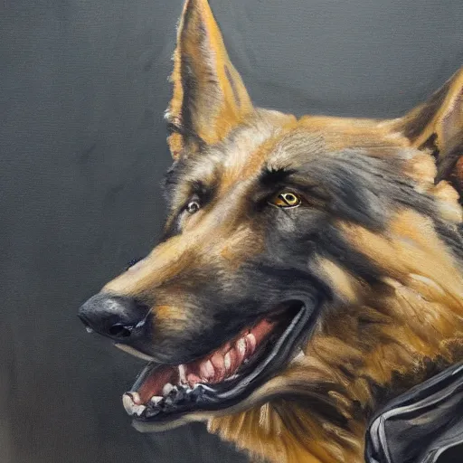 Prompt: a oil painting of a anthropomorphic german shepherd beast - man, wearing military outfit, lying on a humble unmade bed wrinkled bed sheets