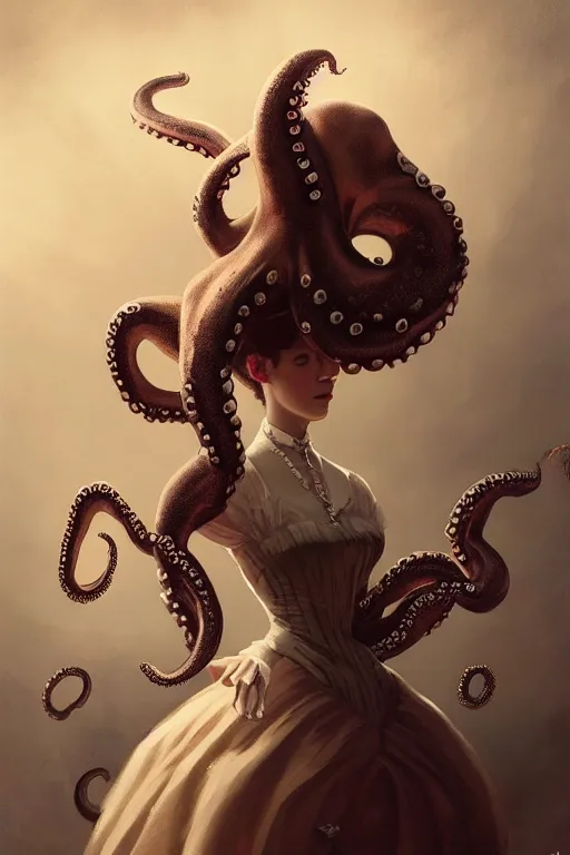 Image similar to portrait of an anthropomorphic octopus in a victorian - era ballgown, dramatic lighting, highly detailed, digital painting, artstation, concept art, smooth, sharp focus, illustration, art by wlop, mars ravelo and greg rutkowski