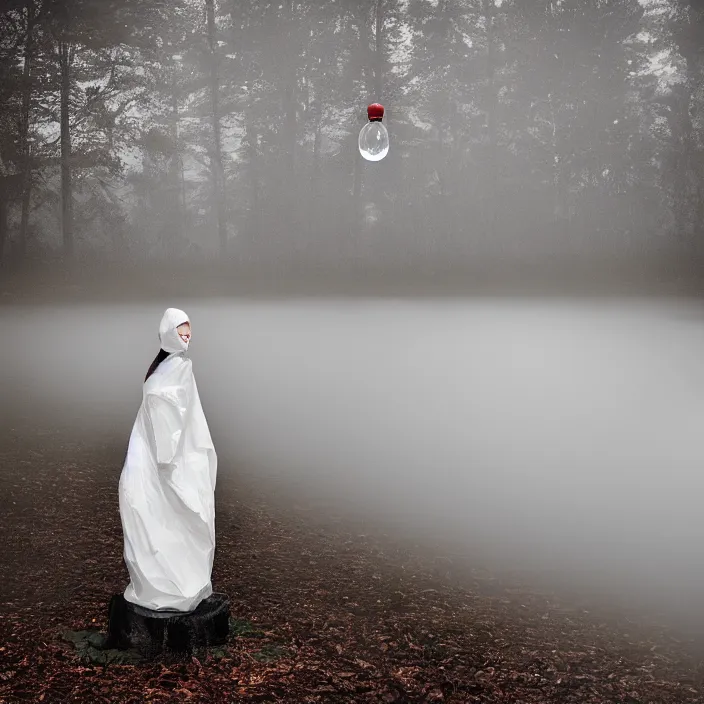 Image similar to a closeup portrait of a woman wrapped in plastic, standing next to a levitating luminescent orb, in a foggy lake, color photograph, by vincent desiderio, canon eos c 3 0 0, ƒ 1. 8, 3 5 mm, 8 k, medium - format print