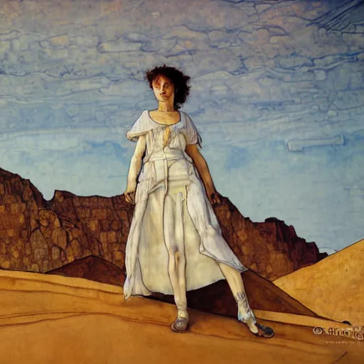 Image similar to a girl with white dress inside the desert by egon schiele and michael angelo, baroque, neo Gothic,matte painting, baroque detailes,photo real,concept art,highly detailed,sharp lines, hdri, 4k -