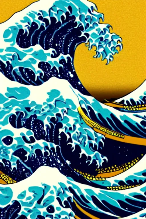 Image similar to The Great Wave off Kanagawa, highly detailed, digital painting, artstation, concept art, smooth, sharp focus, illustration, art by Patrick Nagel and Shepard Fairey