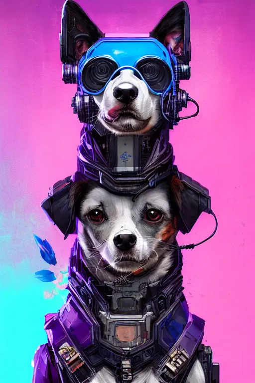 Image similar to a beautiful portrait of a cute cyberpunk dog by sandra chevrier and, greg rutkowski and wlop, purple blue color scheme, high key lighting, volumetric light, digital art, highly detailed, fine detail, intricate, ornate, complex, octane render, unreal engine, photorealistic