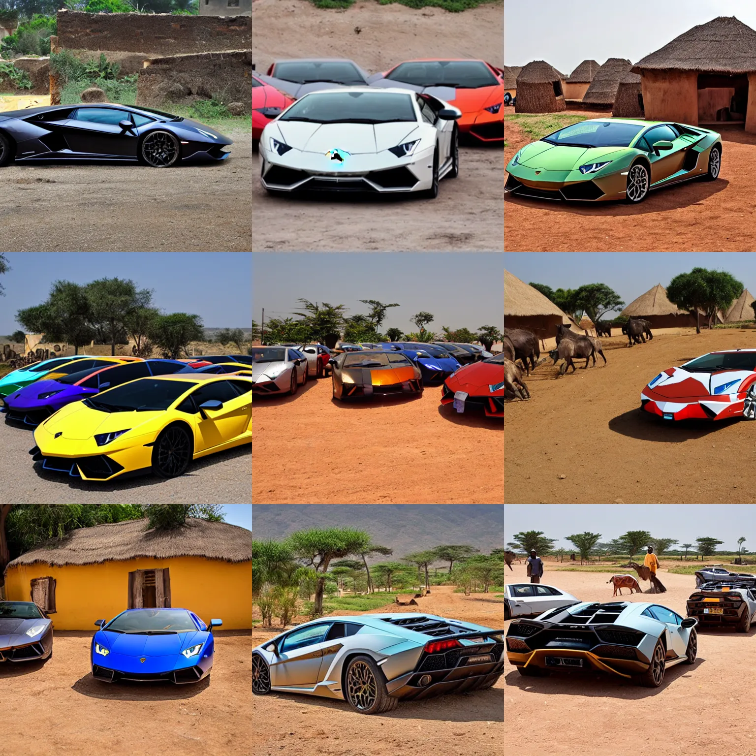 Prompt: lamborghini african village