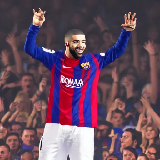Prompt: Drake performing at the Camp Nou