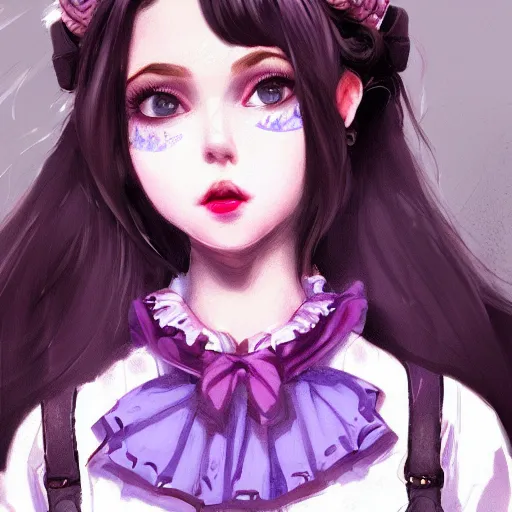 Image similar to a girl wearing lolita clothes, purple lipstick, highly detailed, digital painting, artstation, concept art, smooth, sharp focus, illustration