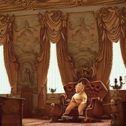 Prompt: childish fat politician with big stomch is sitting corner alone in giant luxury castle in baroque style