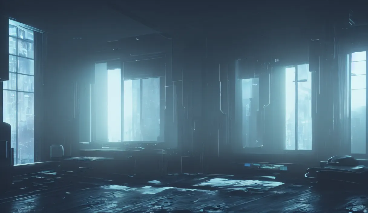 Prompt: a cyberpunk minimalistic room with small windows, dramatic lighting, hyper realistic, photography, 3 5 mm, kodak film, 8 k, octane render, unreal engine render, concept art, volumetric lighting, foggy