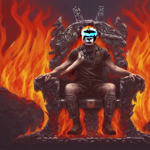 Image similar to Joe Biden sitting on a throne of skulls surrounded by fire, digital painting, highly detailed, trending on Artstation