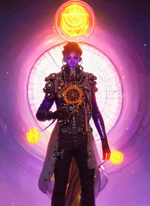 Prompt: a male steampunk faceless glowing liquefied stardust adventurer, dnd fantasy character, full body portrait, glowing neon skin, magical aura, ultra realistic, intricate, elegant, highly detailed, digital painting, artstation, smooth, sharp, focus, illustration, art by artgerm and greg rutkowski and alphonse mucha and dan mumford, sacred geometry