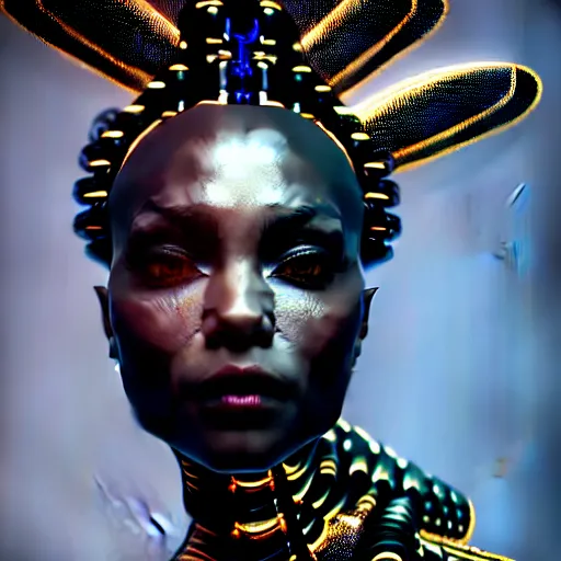 Prompt: portrait of an absurdly beautiful, graceful, sophisticated, fashionable black cyberpunk mechanoid gravure idol, hyperdetailed illustration by irakli nadar, maria borges, matt wisniewski style, intricate linework, dark black skin, neon jellyfish headdress, ivory carved ruff, unreal engine 5 highly rendered, global illumination, golden light, detailed and intricate environment