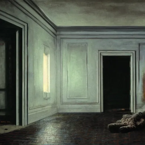 Image similar to a black scary chimera in an haunted liminal hotel abandoned room, hyperrealistic film still by edward hopper, by gottfried helnwein, by klimt, art noveau, highly detailed, strong lights, liminal, eerie, bright pastel colors,