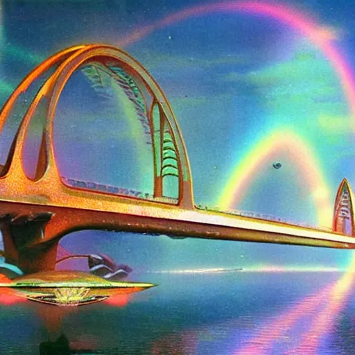 Prompt: floating holographic krang spaceship floating underneath rainbow gate bridge, art by bruce pennington, cinema still, film grain