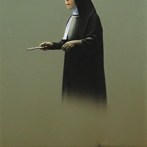 Image similar to a young black nun smoking and puffing lots of smoke, minimalistic background, by Beksinski