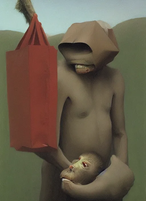 Image similar to ape in paper bag over the head and a sward Edward Hopper and James Gilleard, Zdzislaw Beksinski, highly detailed