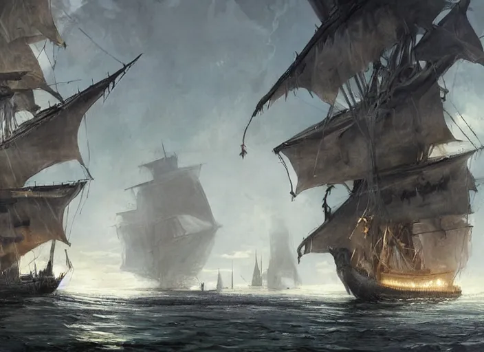 Image similar to A large black pirate ship with huge sails, covered by black tar. The ship waits in the white stone pier. Fantasy digital painting by Greg Rutkowski. Fantasy. Digital painting. Greg Rutkowski. Fantasy artwork.