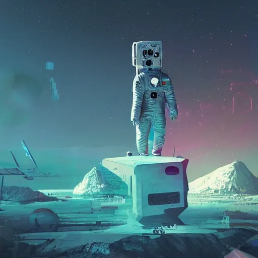 Prompt: Trending NFT digital artwork by Beeple with astronaut in weird dystopian landscape full of pop culture references