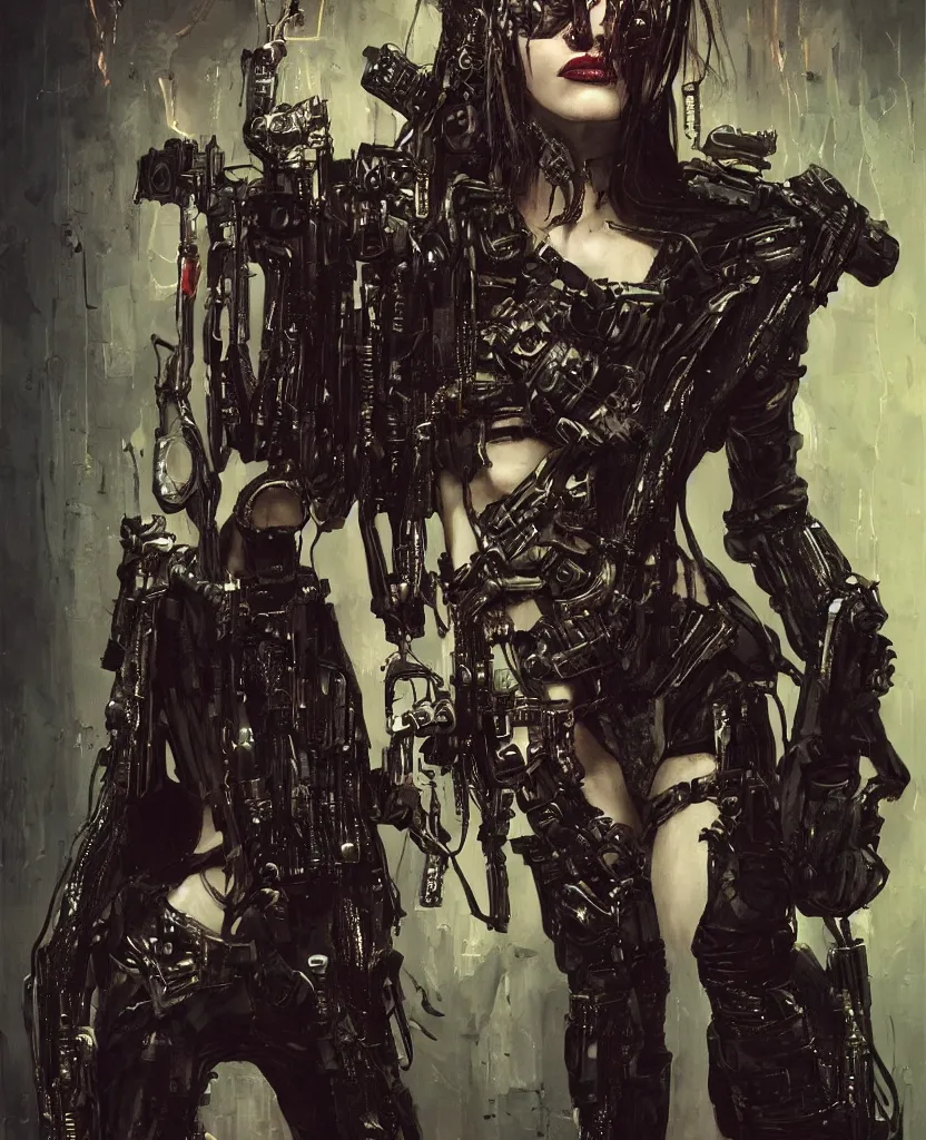 Prompt: a portrait of a beautiful cyberpunk model in a provocative outfit holding a gun made out of bones and teeth, artstation contest winner, dark art, gerald brom, michael hussar, gothic, body horror, cronenberg, neon light