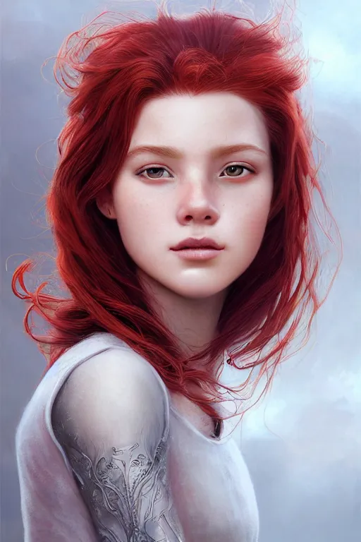 Image similar to ultra realistic style illustration of a beautiful cute red haired joyful 1 9 year old teen, full portrait, long hair, sci - fi, fantasy, intricate, elegant, digital painting, artstation, concept art, smooth, sharp focus, 8 k frostbite 3 engine, ultra detailed, art by artgerm and greg rutkowski and magali villeneuve