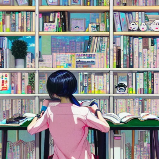 Image similar to full view of girl studying at her future computer, in taipei, style of yoshii chie and hikari shimoda and martine johanna and studio ghibli, highly detailed
